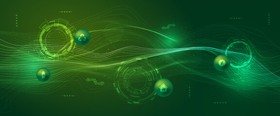 Futuristic green technology background with glowing circuit-like trees, rising arrows, and grid lines.sustainability, innovation, data analysis, and eco-friendly concept.