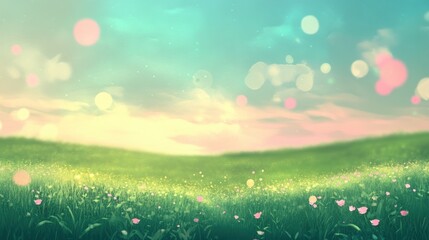 Aufkleber - Tranquil Green Meadow with Vibrant Sky, Delicate Wildflowers, and Gentle Bokeh Lighting, Creating a Dreamy, Peaceful Atmosphere