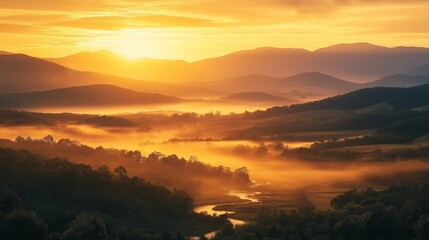 Poster - A golden hour mountain range with a river of glowing mist flowing through