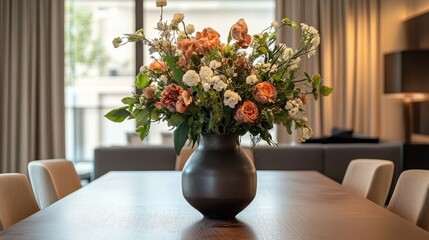 Aufkleber - Elegant Dining Room with Dark Wood Table, Floral Centerpiece, and Neutral Chairs in a Modern Home Interior