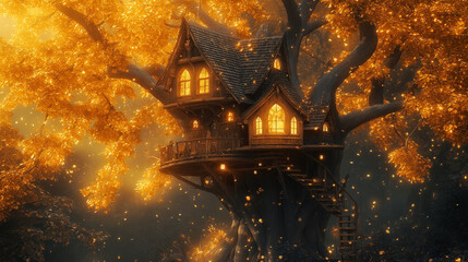 Fototapete - A magical treehouse built on a massive tree with golden leaves