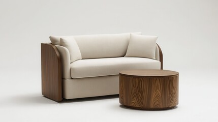 Aufkleber - Modern living room interior with a comfortable sofa and stylish round wooden table in a minimalist setting
