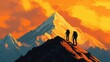 © Wan_photo - Adventurous Climbers Ascend Majestic Mountain Peak Under Vibrant Orange Sky During Sunset Adventure Landscape