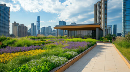 Poster - A serene rooftop garden overlooking a bustling metropolis