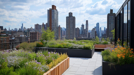 Poster - A serene rooftop garden overlooking a bustling metropolis