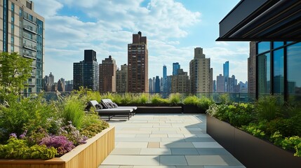 Fototapete - A serene rooftop garden overlooking a bustling metropolis