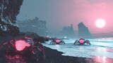 Futuristic creatures are emerging from the ocean on a strange beach