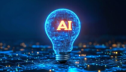 Fototapete - Glowing light bulb with a microchip and AI text on a blue digital background, symbolizing the integration of artificial intelligence and technology