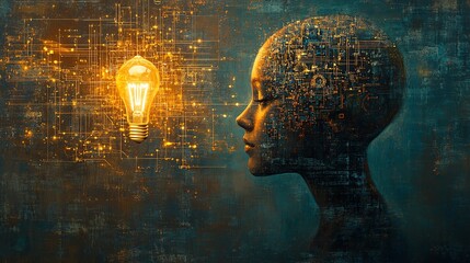 Leinwandbilder - Digital head with embedded gears and circuits, a glowing light bulb above, representing the fusion of logic and creativity, innovation in the digital age