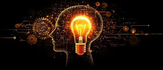 Aufkleber - Digital head with gears and circuits, light bulb above symbolizing new ideas, merging logic and creativity, on a dark futuristic background