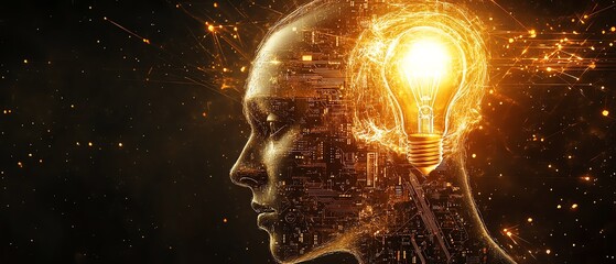 Aufkleber - Digital head with gears and circuits, light bulb above symbolizing new ideas, merging logic and creativity, on a dark futuristic background