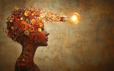 Aufkleber - Digital head with visible gears and circuits, light bulb hovering above, symbolizing the balance of logic and creativity, representing new ideas and innovation