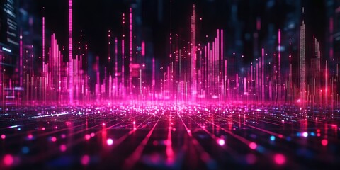 Wall Mural - vibrant digital landscape with glowing pink data visualizations at twilight