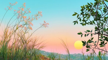Wall Mural - a distant shot of a pastel sunrise, featuring soft gradients and glowing morning light.