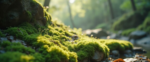 Aufkleber - Moss-Covered Rocks with Delicate Wildflowers in a Sunlit Forest, Creating a Serene and Enchanting Natural Scene