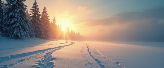 Poster - Winter's Enchanting Embrace: Snow-Kissed Evergreens Glow in the Golden Light, Footprints Trace a Path Through the Winter Wonderland