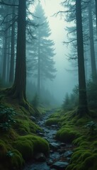 Poster - Misty Forest Path with Mossy Rocks and Towering Trees - Serene Nature Scene