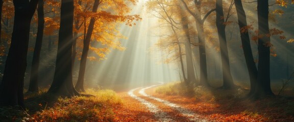 Aufkleber - Serene woodland path illuminated by sunbeams, autumn leaves covering the ground, creating a warm and inviting atmosphere.