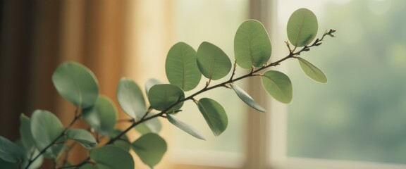 Aufkleber - Delicate eucalyptus branch with oval leaves in muted tones, a serene indoor scene with soft window light