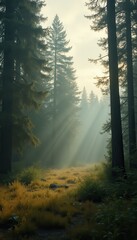 Aufkleber - Morning Sunlight Shines Through a Misty Forest of Evergreen Trees and Golden Undergrowth