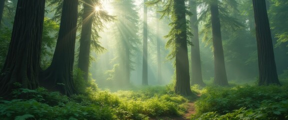 Poster - Enchanted Forest Trail: Sunlight Filtering Through Towering Trees in a Lush, Mysterious Woodland