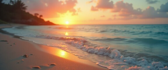 Poster - Tranquil beach at sunset with golden light reflecting on the water and sand, creating a peaceful and picturesque seascape