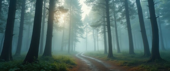 Aufkleber - Misty Forest Path: A Serene Journey Through Foggy Woods with Sunlight Filtering Through Tall Trees