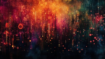 abstract technological grunge background with glowing circuit patterns and cascading binary data streams in vibrant orange and dark blue shades