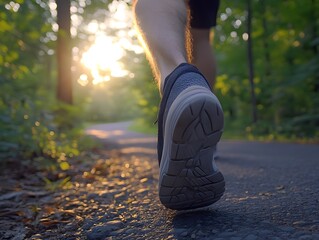 a close-up of the woman's feet in running shoes
