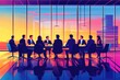 © Artem Zatsepilin - business meeting with executives around conference table in modern office. vibrant sunset through large windows. corporate decision-making. team collaboration. presentation or report illustration.