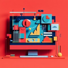 Fototapete - Abstract Computer Monitor with Data Visualization in a Modern, Minimalist, and Geometric Style on a Red Background.