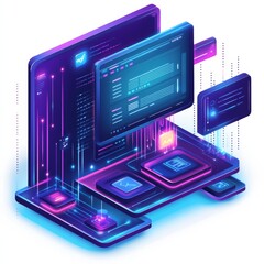 Aufkleber - Futuristic Data Visualization: Isometric View of Digital Interface with Glowing Elements and Code