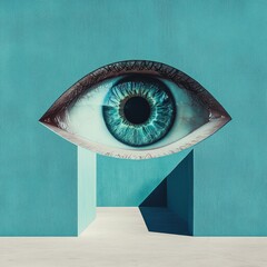 Poster - Surreal Eye Over Turquoise Architecture: A Visual Journey Through Perception and Depth in a Dreamlike Space