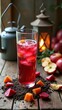 © Beniamin - Refreshing iced beetroot and apple drink with fruit slices and lantern ambience