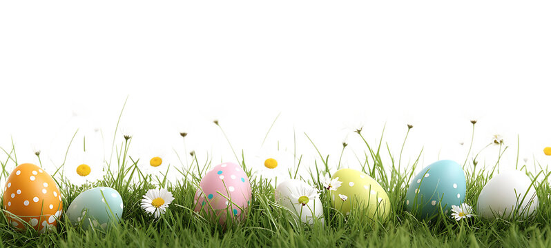 Colorful Polka Dot Eggs Amidst Green Grass and Daisies, Transparent Background