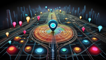 futuristic navigation concept with many colorful pin points on perspective city map background; finding the location of destination