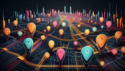 futuristic navigation concept with many colorful pin points on perspective city map background; finding the location of destination