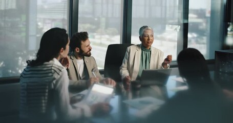 Poster - Meeting, conversation and business people in office, planning and feedback for stats. Group, coworking and employees with discussion, financial advice and laptop with review for income report or talk
