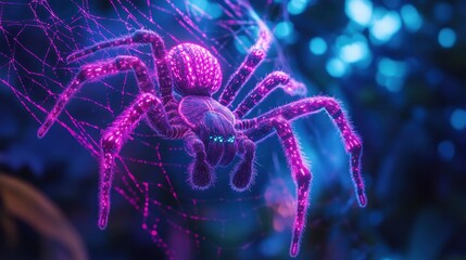 Luminous Arachnid: A vibrant neon tarantula amidst a bioluminescent network