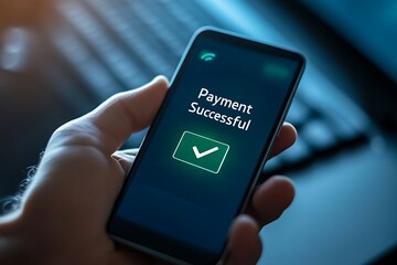 hand holding smartphone displaying payment successful notification with check mark