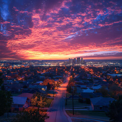 Wall Mural - a city at sunset with a beautiful sky and houses