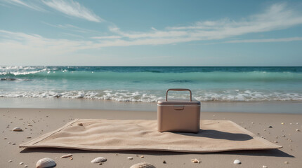 beach scene with a cooler on a towel beside gentle waves under a clear sky