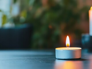 Aufkleber - Elegant lit candle resting on a tastefully arranged table setting creating a warm and inviting atmosphere