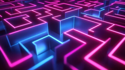Wall Mural - a geometric abstract illustration of a glowing neon maze pattern