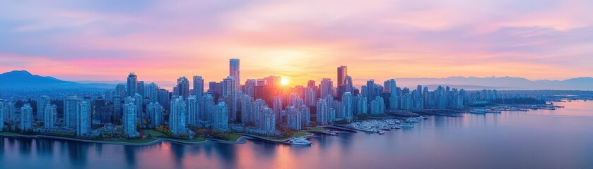 Poster - Stunning cityscape of vancouver at sunset with beautiful reflections on water showcasing urban beauty and nature