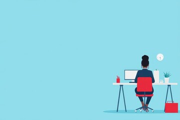 Aufkleber - A woman sitting at a desk with a computer and a plant in her hand, representing productivity and a balanced work environment