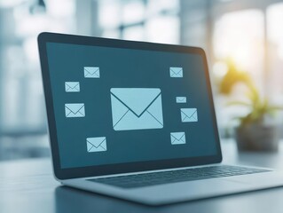 Fototapete - Modern laptop displaying a bright mail icon on the screen representing digital communication and email correspondence