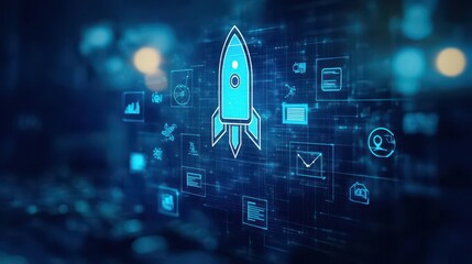 Leinwandbilder - Rocket positioned on a stunning digital background featuring abstract patterns and vibrant color schemes