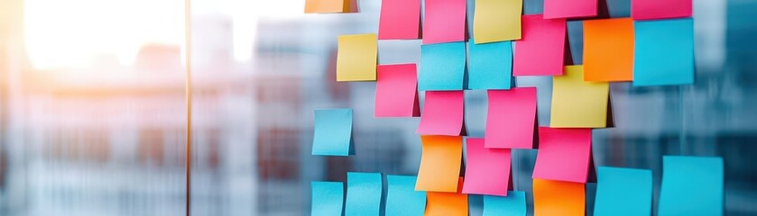 Poster - Colorful sticky notes arranged and pinned on a glass wall creating a creative and collaborative workspace