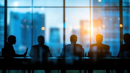 Poster - Silhouetted figures of people sitting at a table against a bright window with natural light streaming through